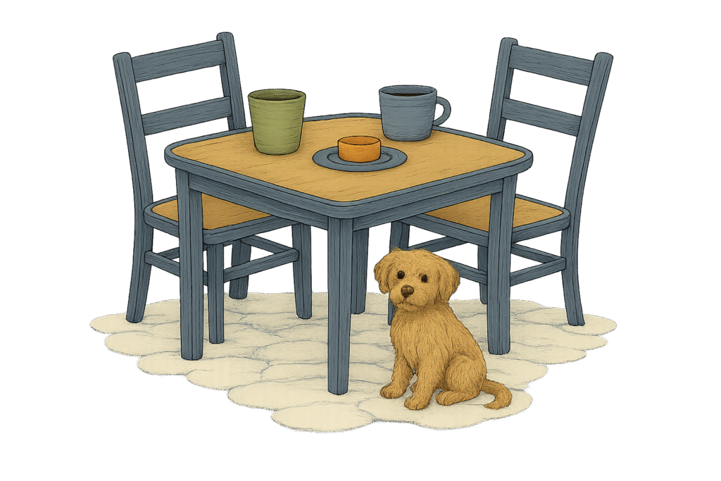 A cozy wooden table set with two mugs and a small scone, with a golden dog sitting beneath it.